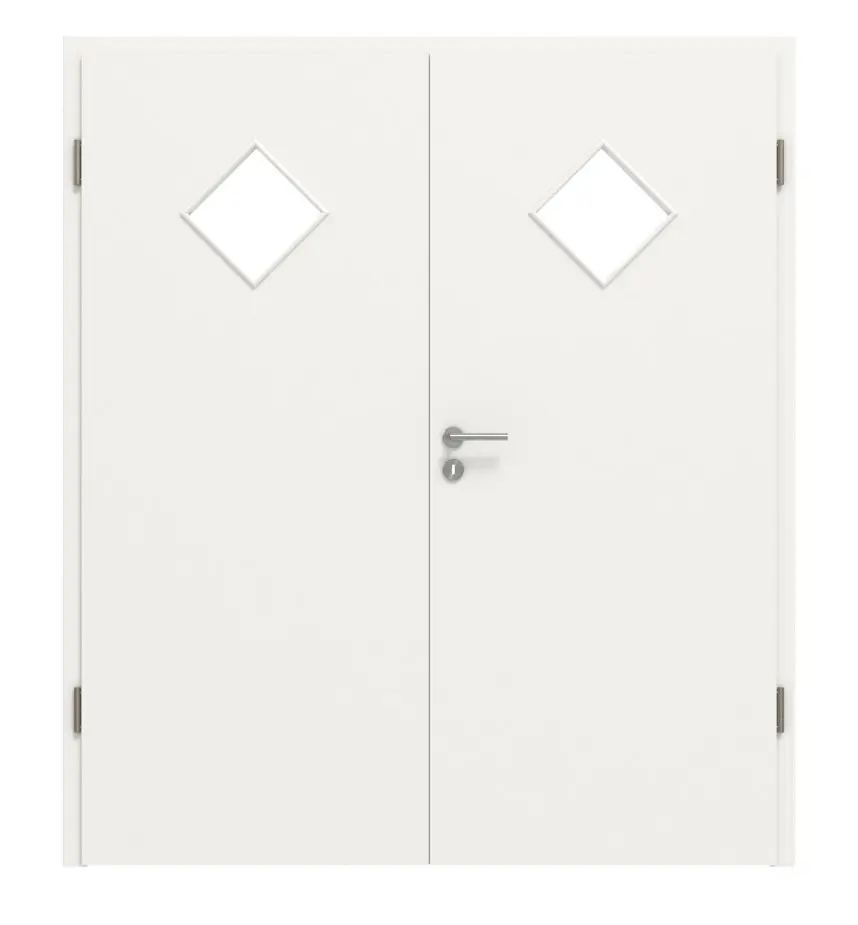HUGA drzwi dwuskrzydłowe biały lakier dekor podobny do RAL 9016 Durat Basic z przeszkleniem LA 6 romb z ościeżnicą