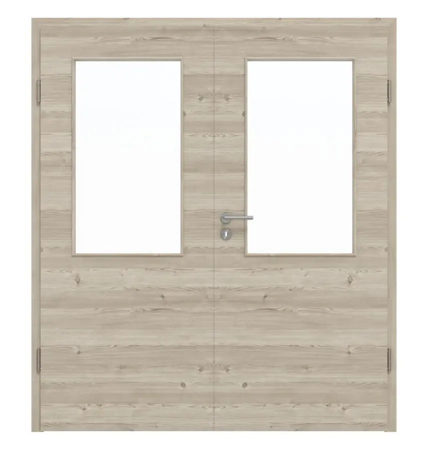 HÖRMANN drzwi 2-skrzydłowe szczotkowane modrzew jasny wzdłuż Duradecor ProLine z przeszkleniem LA 7 z ościeżnicą