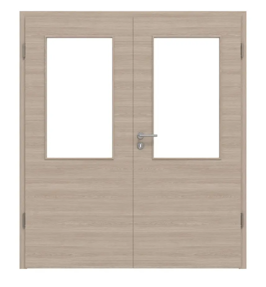 HÖRMANN drzwi dwuskrzydłowe dąb szary układ poprzeczny Duradecor ProLine z przeszkleniem LA 7 i ościeżnicą