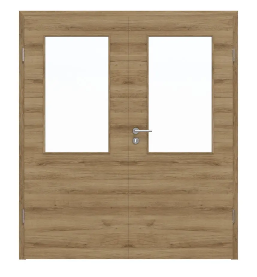 HÖRMANN drzwi dwuskrzydłowe Natureiche wzdłuż Duradecor ProLine z przeszkleniem LA 7 z ościeżnicą