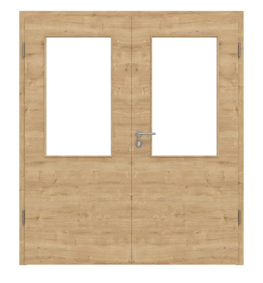 HUGA drzwi dwuskrzydłowe dąb sękaty wzdłuż Durat Basic z przeszkleniem LA 7 z ościeżnicą