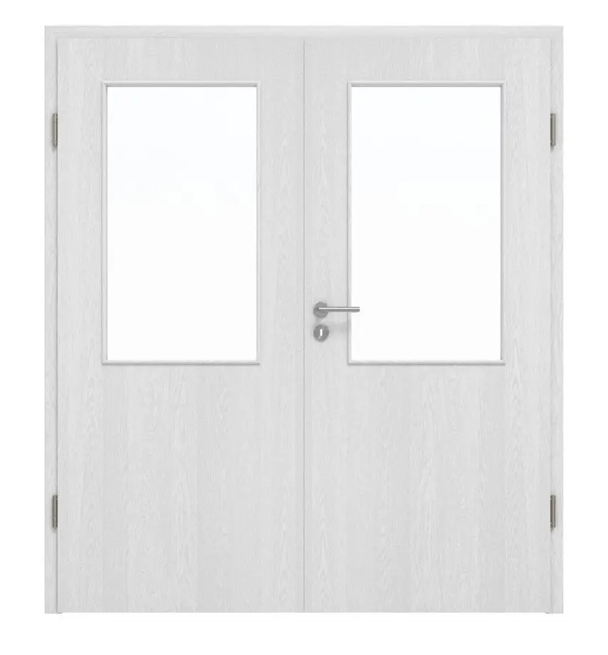 Widok frontowy drzwi dwuskrzydłowych Huga dąb biały Durat Basic z przeszkleniem LA 7 z ościeżnicą