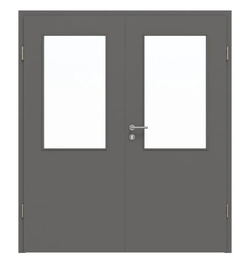 Widok frontowy drzwi dwuskrzydłowych Hygge marki Huga, szary RAL 7037 Duradecor Basic z przeszkleniem LA 7 z ościeżnicą.