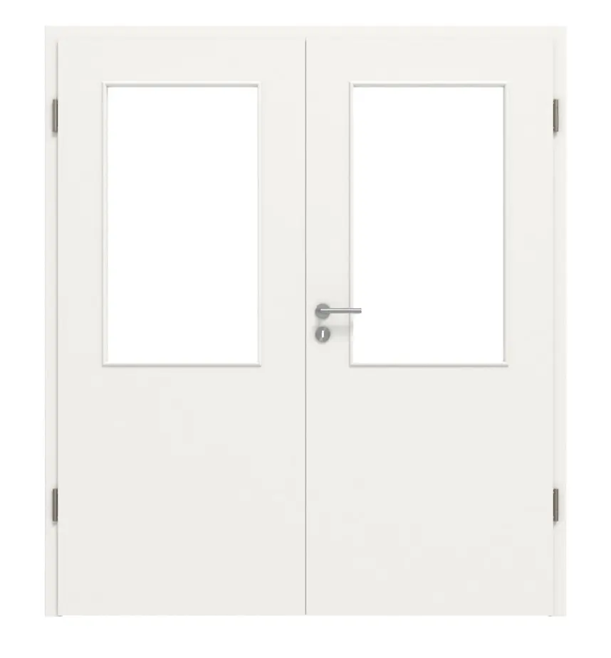 Widok frontowy białych drzwi dwuskrzydłowych RAL 9016 LA 7 Basic Durat z ościeżnicą - Huga