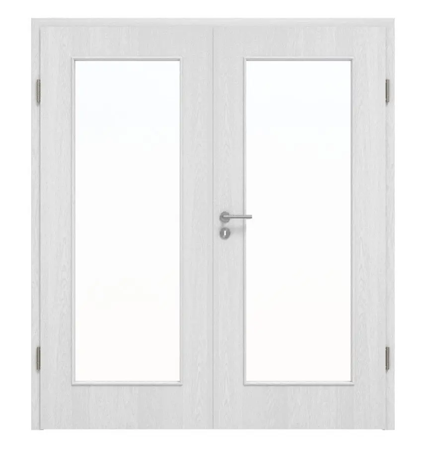 Widok frontowy drzwi dwuskrzydłowych Huga dąb biały Durat Basic z przeszkleniem LA 8 i ościeżnicą