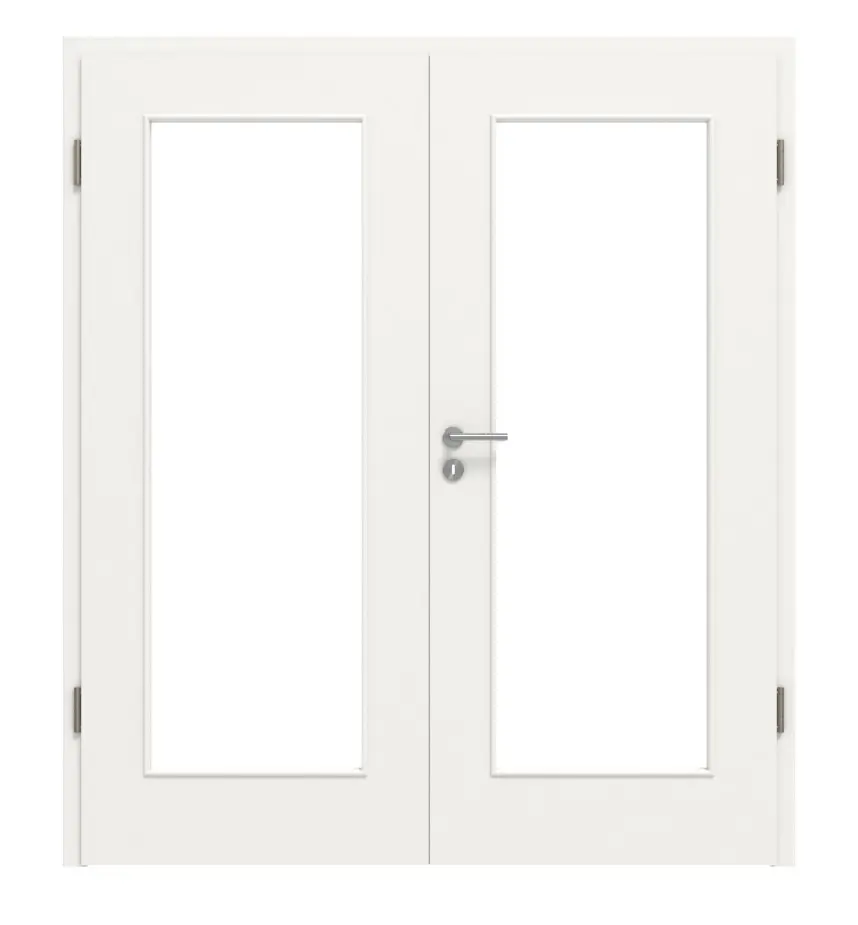 Widok frontowy białych drzwi dwuskrzydłowych RAL 9016 LA 8 Basic Durat z ościeżnicą - Huga