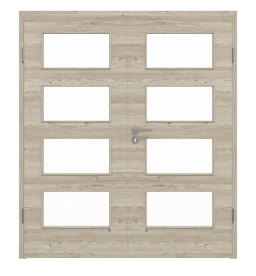 HÖRMANN drzwi dwuskrzydłowe szczotkowane modrzew jasny wzdłuż Duradecor ProLine z przeszkleniem LA 9 z ościeżnicą