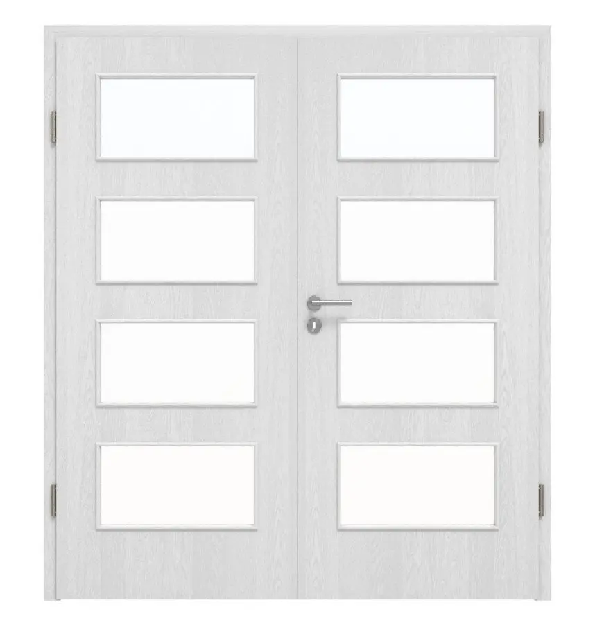 Widok frontowy drzwi dwuskrzydłowych Huga dąb biały Durat Basic z przeszkleniem LA 9 z ościeżnicą.