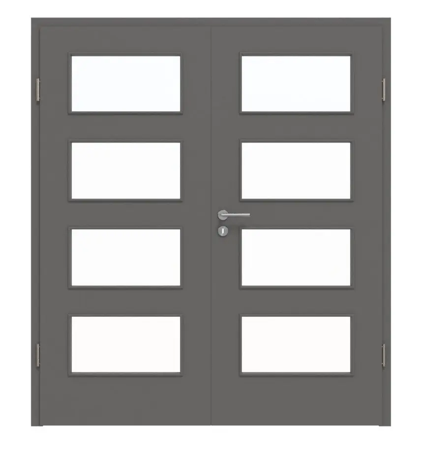Widok frontowy drzwi dwuskrzydłowych Hygge marki Huga, szary RAL 7037 Duradecor Basic z przeszkleniem LA 9 z ościeżnicą.