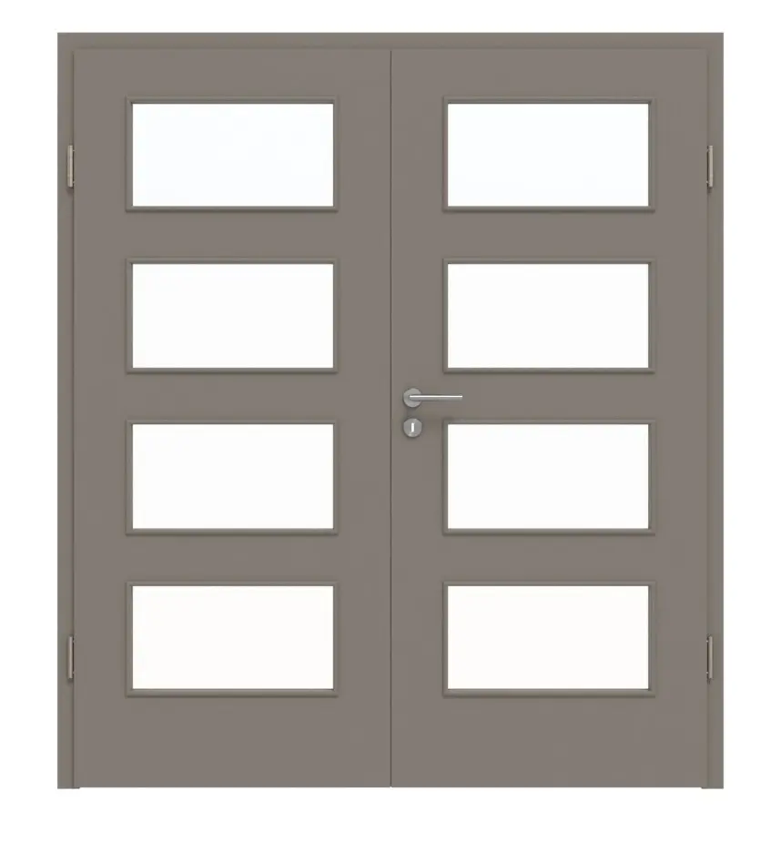 Widok frontowy drzwi dwuskrzydłowych LA 9 Basic taupe (kolor ciemnoszaro-brązowy) RAL 7048 lakierowanych z ościeżnicą - Huga