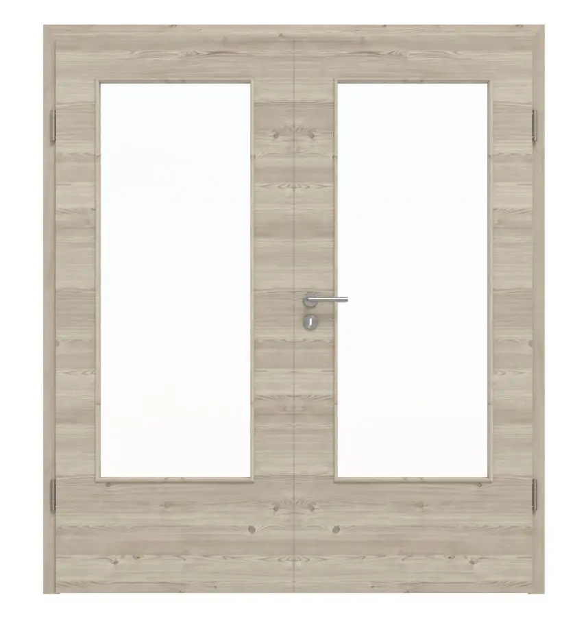 HÖRMANN drzwi dwuskrzydłowe szczotkowane modrzew jasny wzdłuż Duradecor ProLine z przeszkleniem LA-DIN z ościeżnicą
