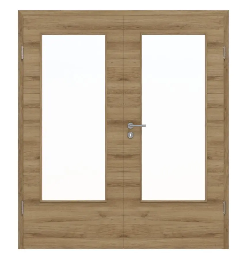 HÖRMANN drzwi dwuskrzydłowe dąb naturalny wzdłuż Duradecor ProLine z przeszkleniem LA-DIN z ościeżnicą