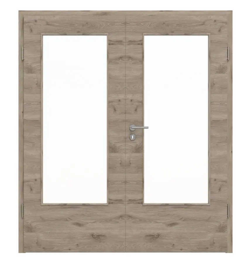 HÖRMANN drzwi dwuskrzydłowe dąb Nordeiche wzdłuż Duradecor ProLine z wycięciem na szybę LA-DIN z ościeżnicą