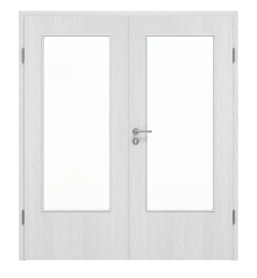 Widok frontowy drzwi dwuskrzydłowych Huga dąb biały Durat Basic z przeszkleniem LA-DIN z ościeżnicą