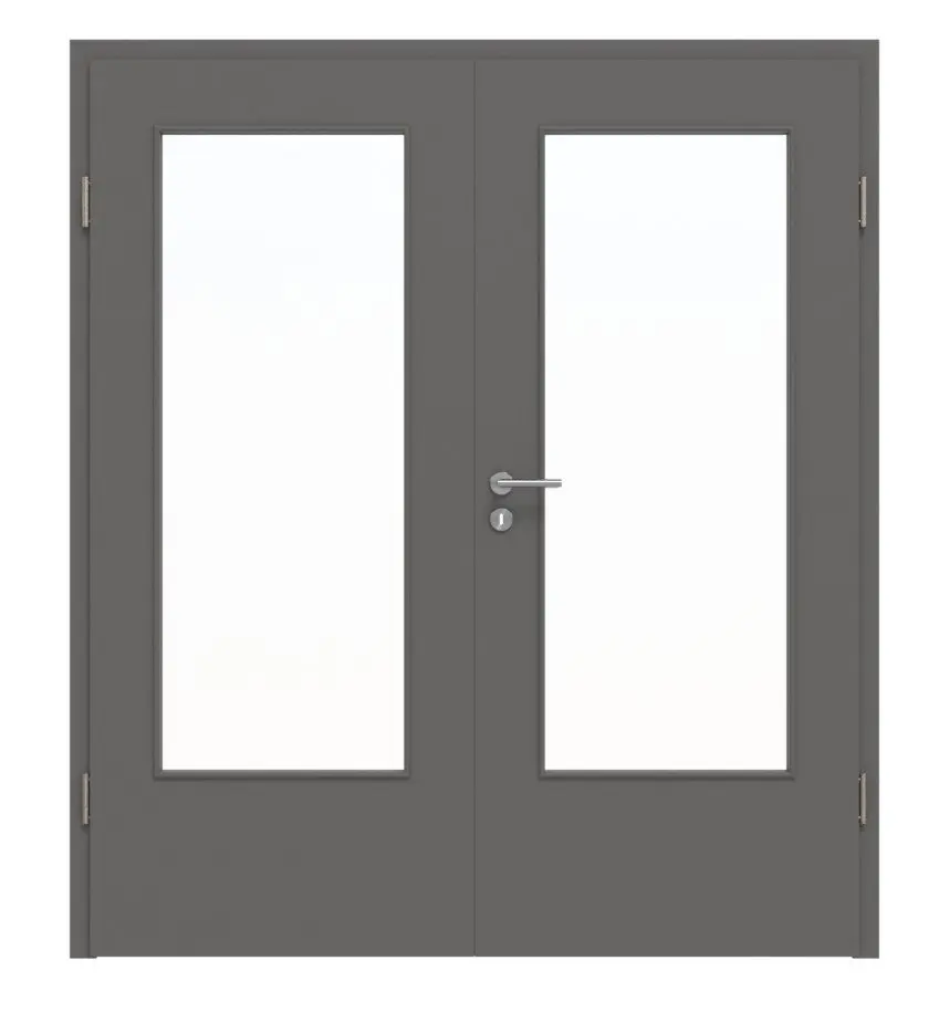 Widok frontowy drzwi dwuskrzydłowych Huga Hygge szary RAL 7037 Duradecor Basic z przeszkleniem LA-DIN i ościeżnicą.