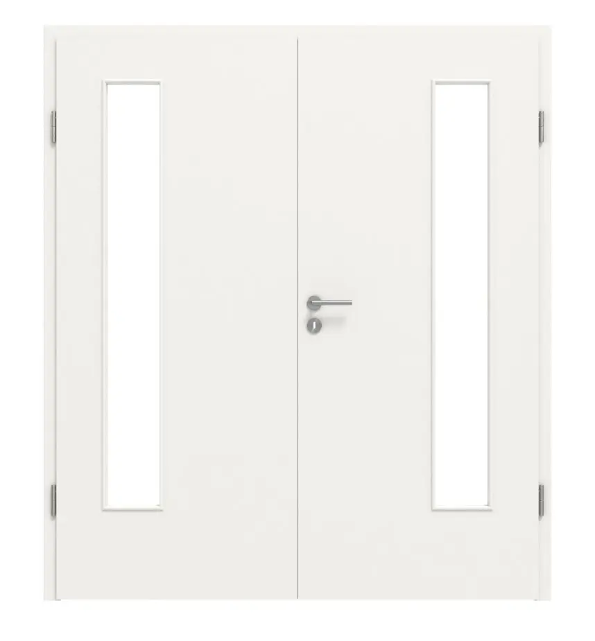 HÖRMANN drzwi dwuskrzydłowe biały drogowy RAL 9016 lakier ProLine z przeszkleniem LA 24 po stronie zawiasów z ościeżnicą