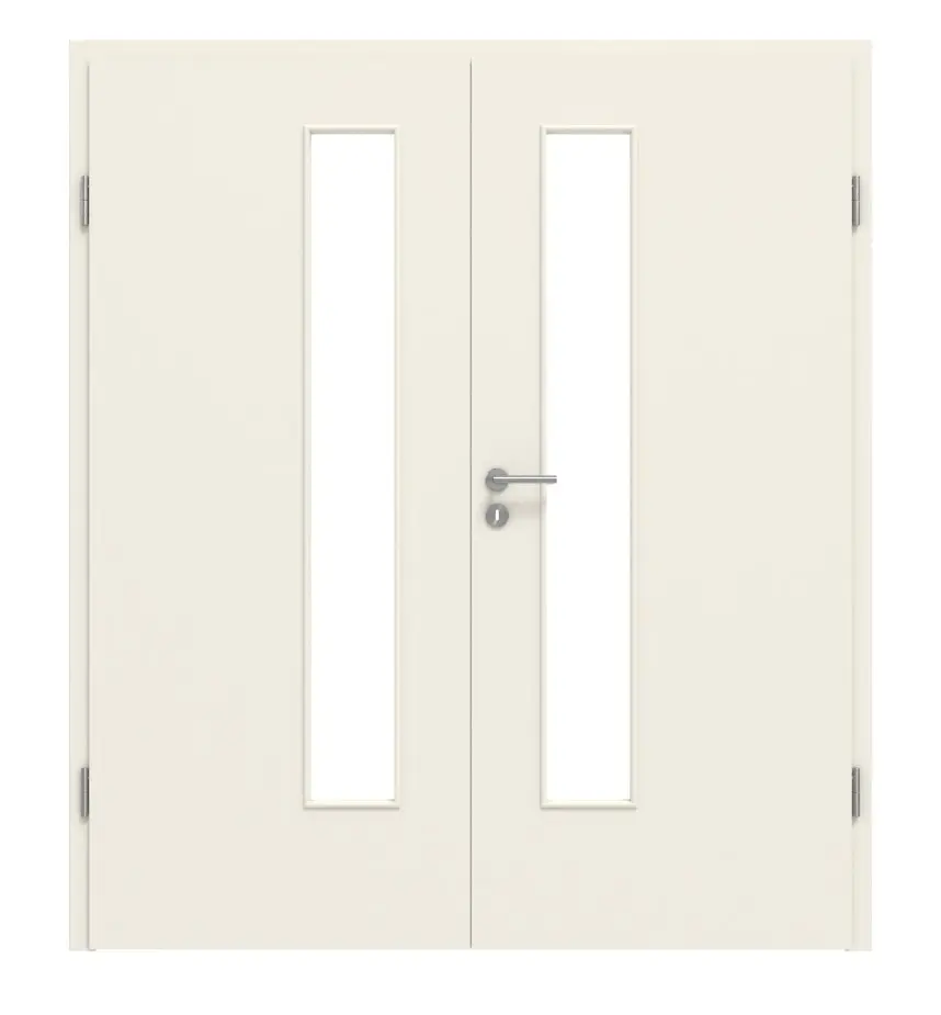 Widok frontowy biały podobny do RAL 9010 LA 24 od strony zamka Basic drzwi dwuskrzydłowe lakierowane z ościeżnicą - Huga