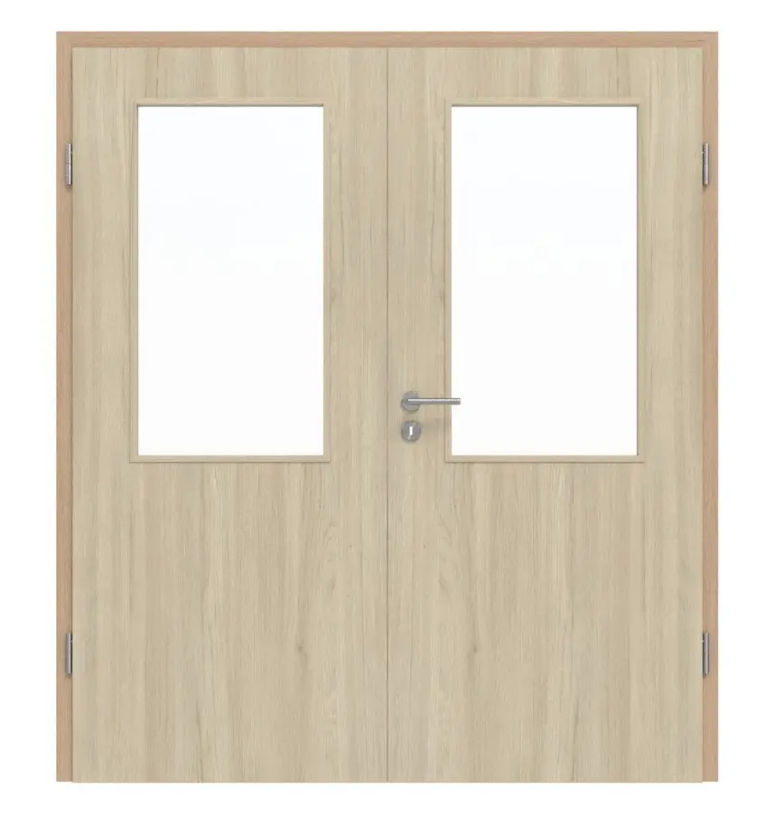Widok frontowy drzwi dwuskrzydłowych Basic dąb Bernstein 4.16 z przeszkleniem i ościeżnicą