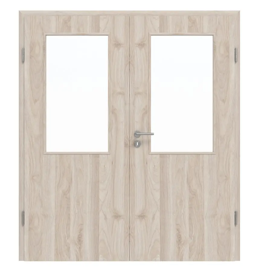 Drzwi dwuskrzydłowe Basic jasny orzech Columbia folia dekoracyjna 4.16 z przeszkleniem i ościeżnicą