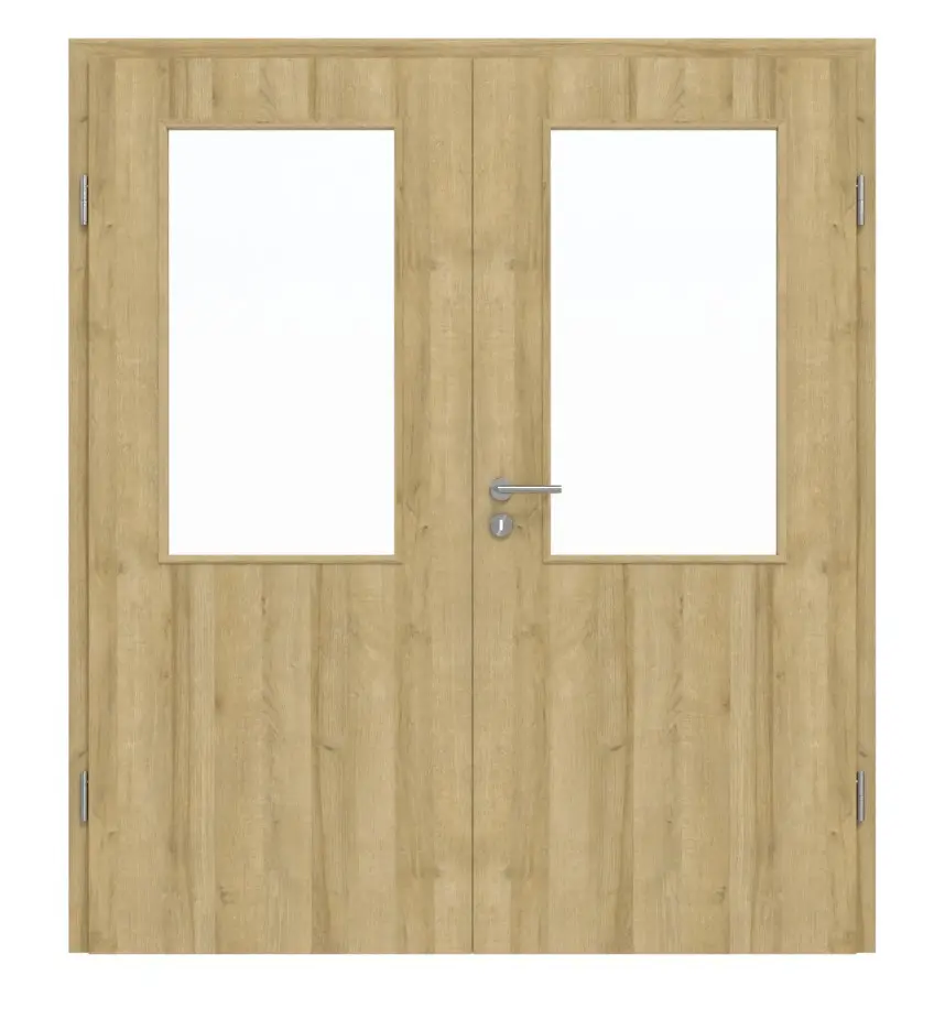 Drzwi dwuskrzydłowe Basic 4.16, dąb Riviera, folia dekoracyjna, z przeszkleniem z ościeżnicą
