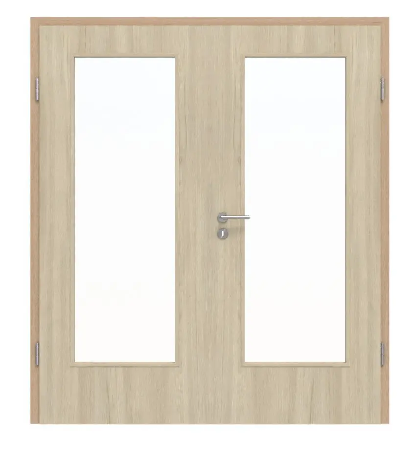 Widok frontowy drzwi dwuskrzydłowych Basic dąb Bernstein 4.17 z przeszkleniem i ościeżnicą