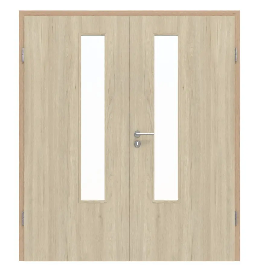 Widok frontowy drzwi dwuskrzydłowych Basic dąb Bernstein 4.18 z przeszkleniem i ościeżnicą.
