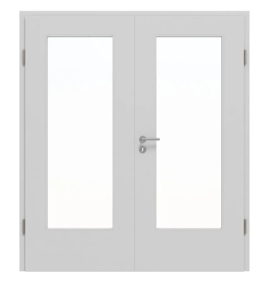 JELD-WEN Drzwi dwuskrzydłowe Classic w kolorze szary nikiel podobnym do RAL 7047 ExpertLack z przeszkleniem LÖ-33 z ościeżnicą