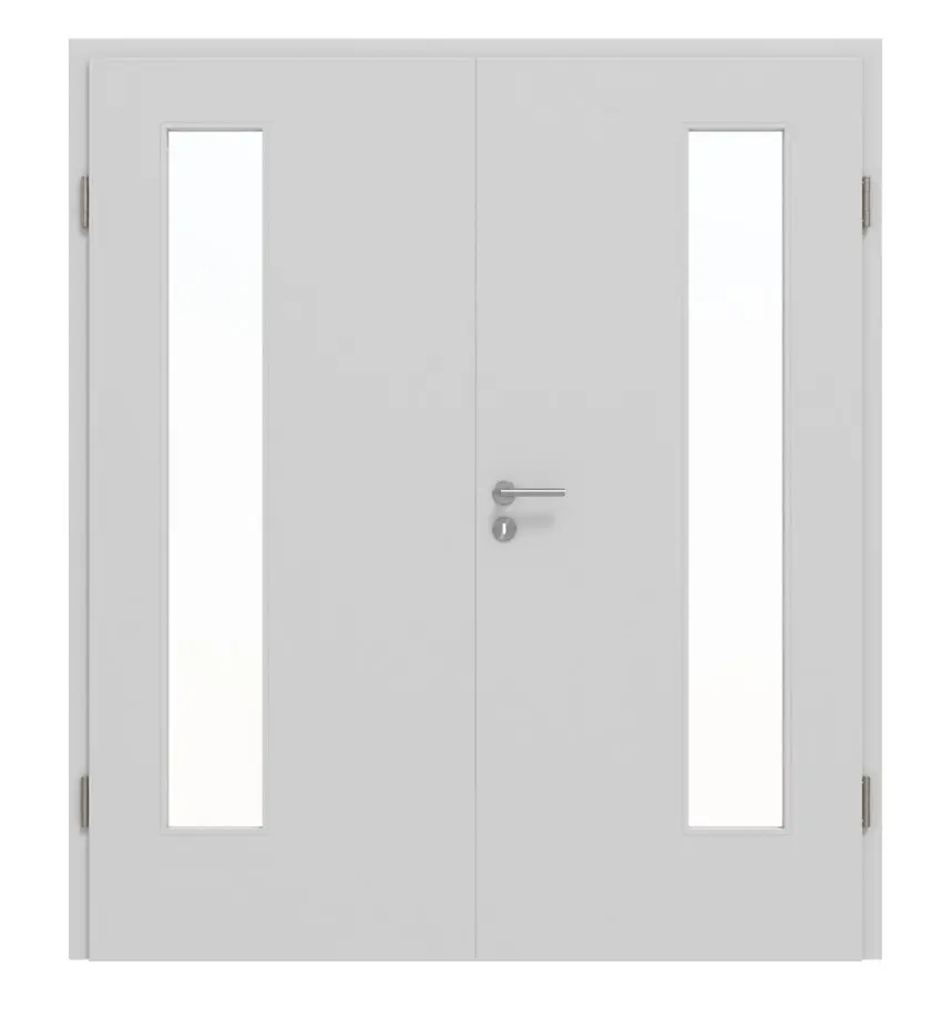 JELD-WEN drzwi dwuskrzydłowe klasyczne Nickelgrau podobny do RAL 7047 ExpertLack z przeszkleniem LÖ-72 po stronie zawiasów z ościeżnicą