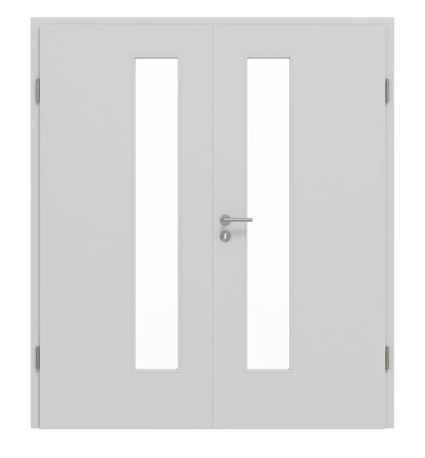 JELD-WEN drzwi dwuskrzydłowe klasyczne szary niklowy podobny do RAL 7047 ExpertLack z przeszkleniem LÖ-72 od strony zamka z ościeżnicą