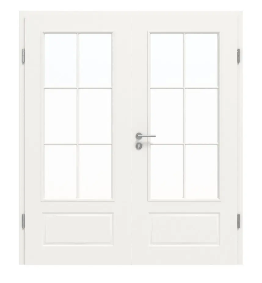 Widok frontowy klasycznych drzwi dwuskrzydłowych 3.17 biały lakier z ościeżnicą - Classen