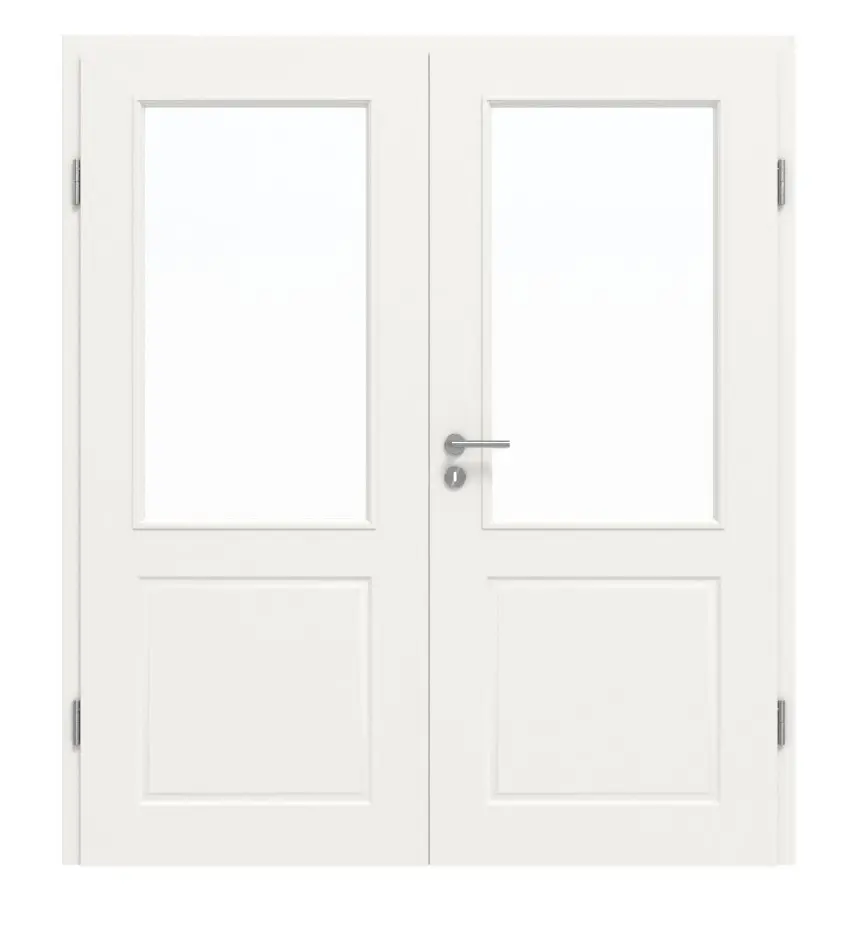 Widok frontowy klasycznych drzwi dwuskrzydłowych 3.18 biały lakier z ościeżnicą - Classen