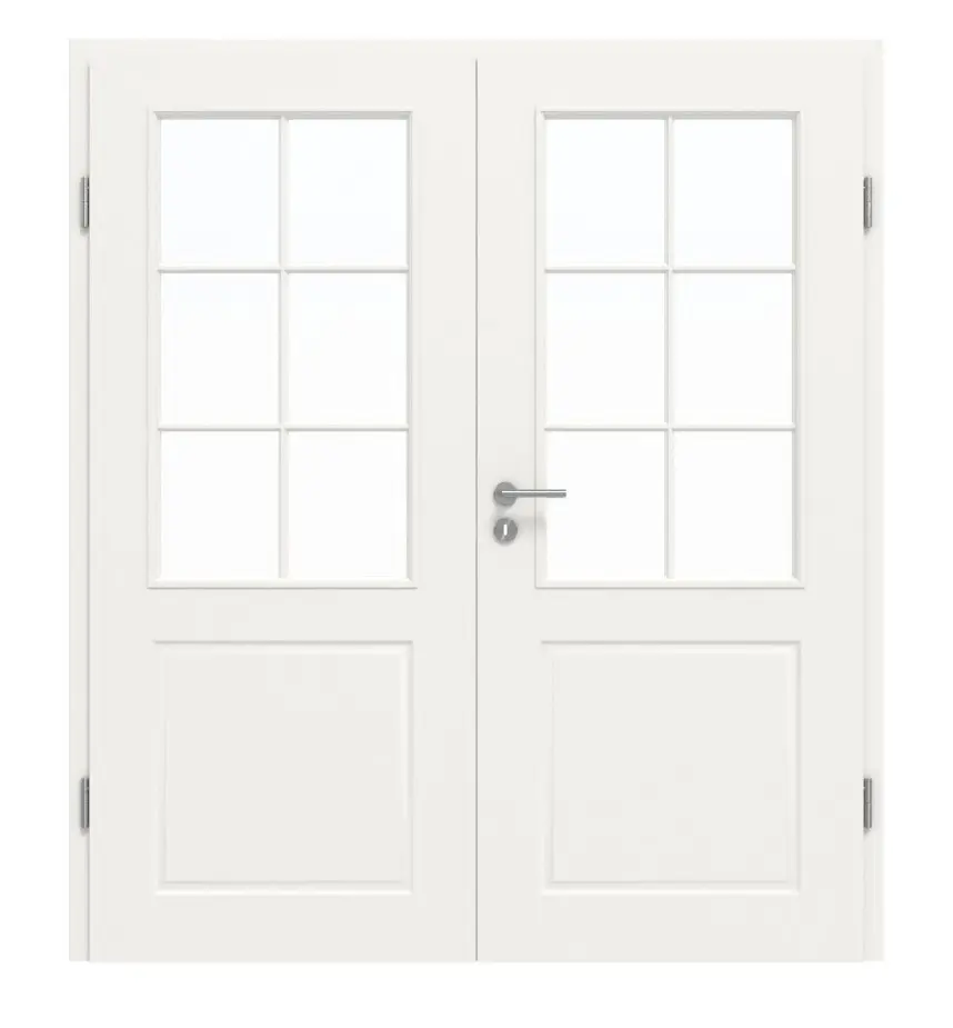 Widok frontowy klasycznych drzwi dwuskrzydłowych 3.19 biały lakier z ościeżnicą - Classen