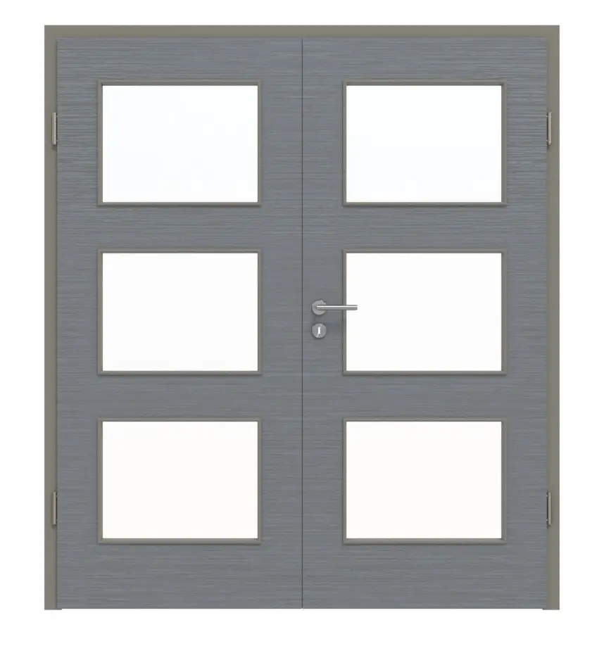 Widok frontowy drzwi dwuskrzydłowych LA 11 strukturyzowanych Hygge szary Basic z ościeżnicą - Huga