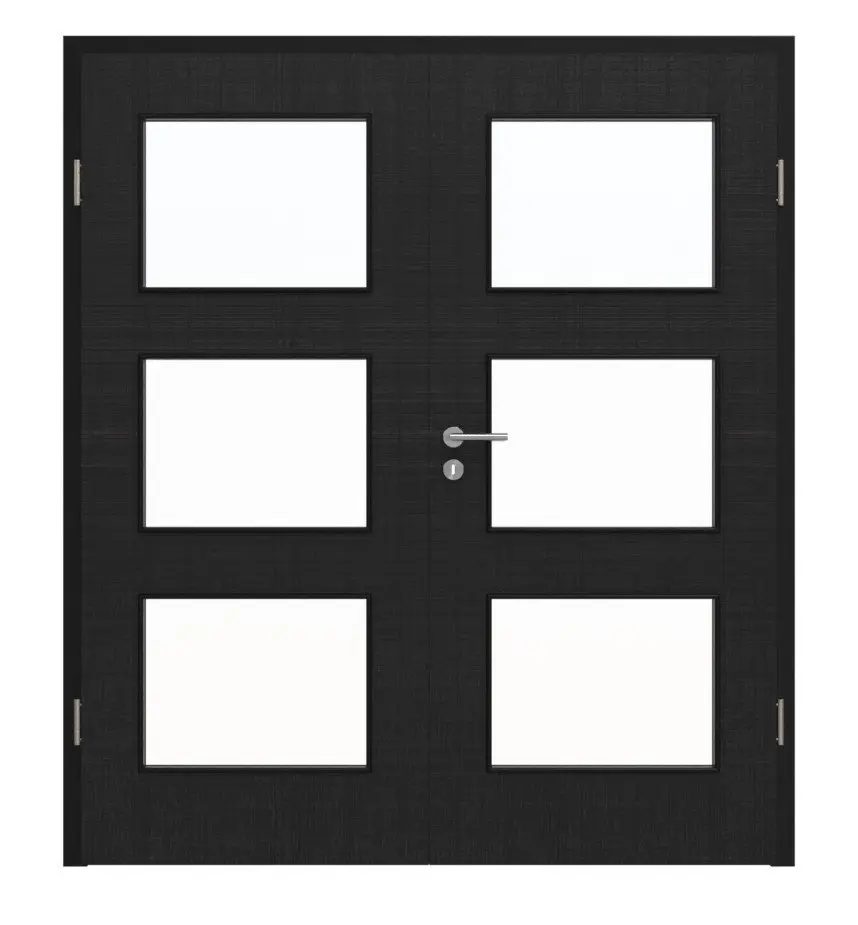 Widok frontowy firmy HÖRMANN, drzwi dwuskrzydłowe, len czarny Proline Concepto z przeszkleniem LA 11 z ościeżnicą