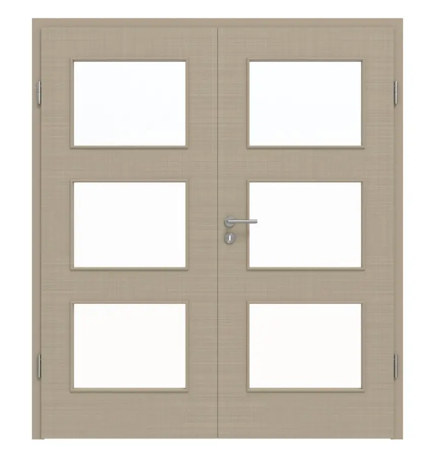 Widok frontowy drzwi dwuskrzydłowych LA 11 Cotton like taupe (kolor ciemnoszaro-brązowy) Basic z ościeżnicą - Huga