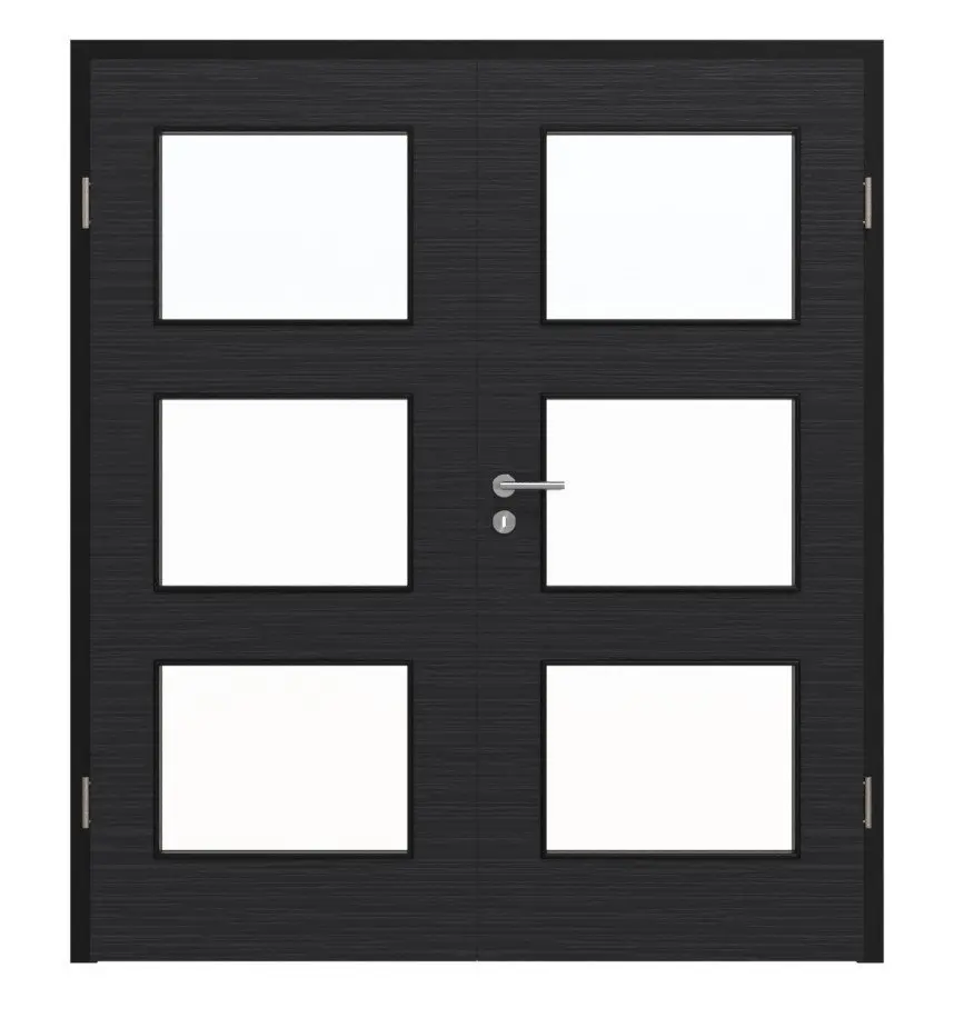 Widok frontowy drzwi dwuskrzydłowych HÖRMANN, łupek czarny Proline Concepto z przeszkleniem LA 11 z ościeżnicą.