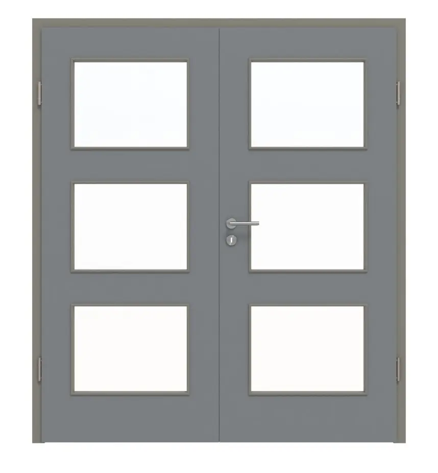 Widok frontowy drzwi dwuskrzydłowych LA 11 ultramatowy Hygge szary Basic z ościeżnicą - Huga
