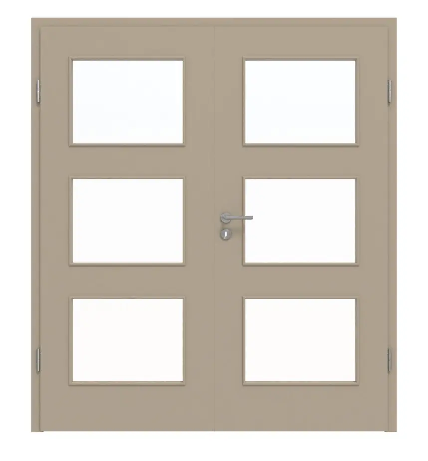 Widok frontowy drzwi dwuskrzydłowych LA 11 ultramatowy taupe (kolor ciemnoszaro-brązowy) Basic z ościeżnicą - Huga