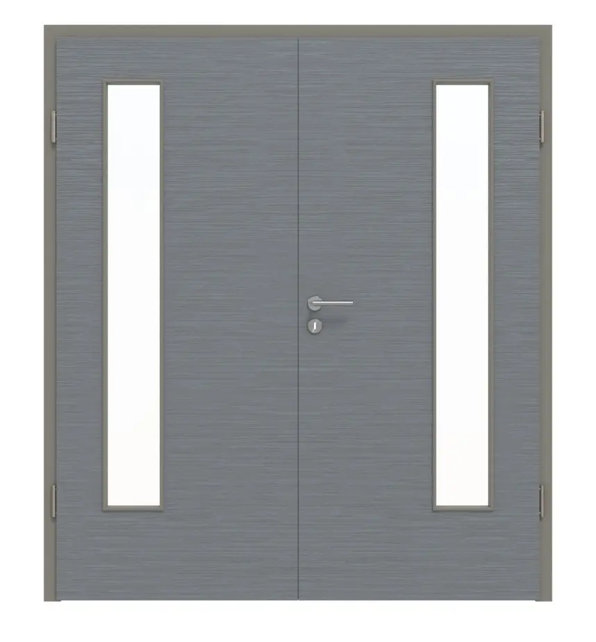 Widok frontowy drzwi dwuskrzydłowych LA 24 po stronie zawiasów strukturyzowana Hygge szary Basic z ościeżnicą - Huga