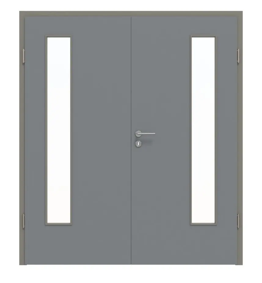 Widok frontowy drzwi dwuskrzydłowych LA 24 po stronie zawiasów ultramatowy Hygge szary Basic z ościeżnicą - Huga
