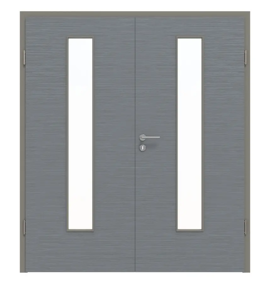 Widok frontowy drzwi dwuskrzydłowych LA 24 na środku strukturyzowana Hygge szary Basic z ościeżnicą - Huga