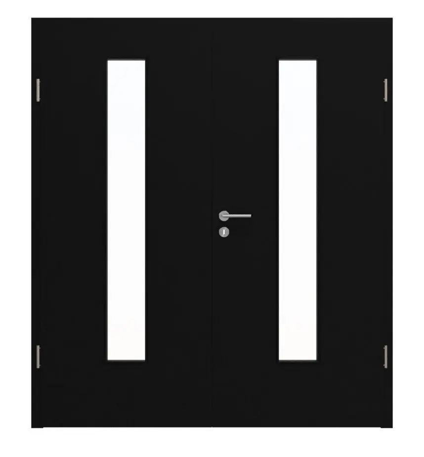 Widok frontowy drzwi dwuskrzydłowych HÖRMANN Proline Concepto, czarny ultramatowy, z przeszkleniem LA 24 i ościeżnicą