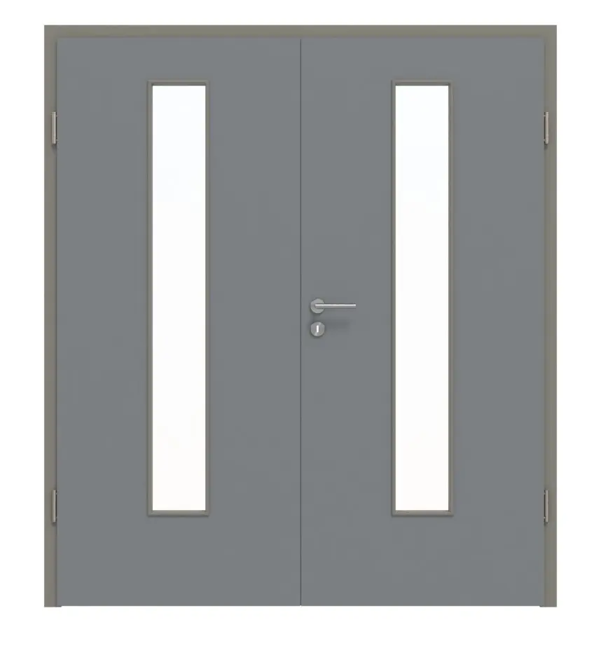 Widok frontowy drzwi dwuskrzydłowych LA 24 na środku ultramatowy Hygge szary Basic w zestawie z ościeżnicą - Huga