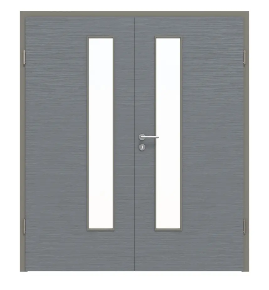 Widok frontowy drzwi 2-skrzydłowych LA 24 od strony zamka, strukturyzowana Hygge szary Basic z ościeżnicą - Huga