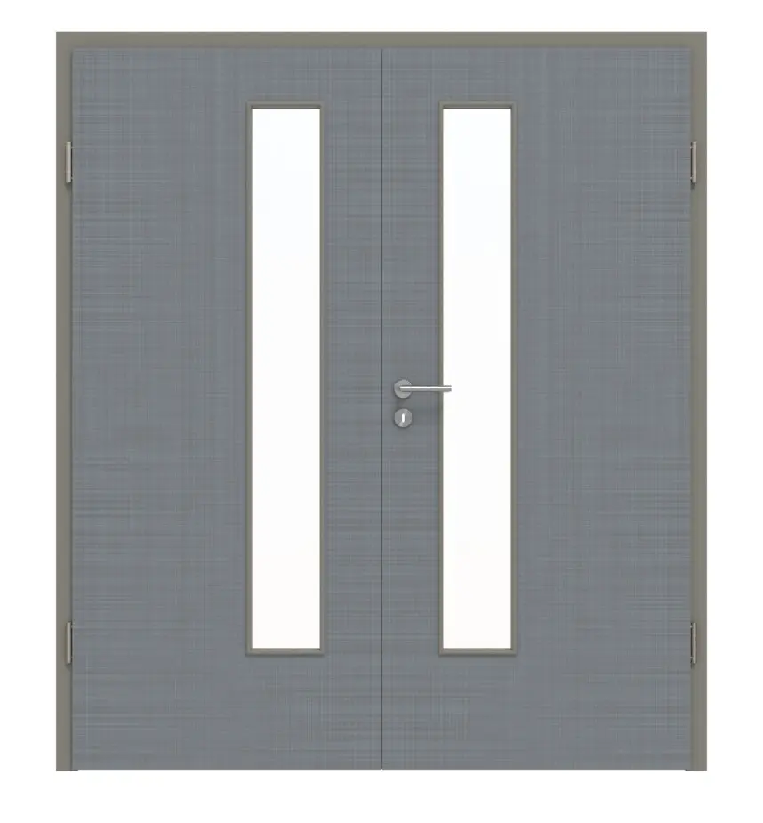 Widok frontowy drzwi dwuskrzydłowych LA 24 od strony zamka Cotton like Hygge szary Basic z ościeżnicą - Huga