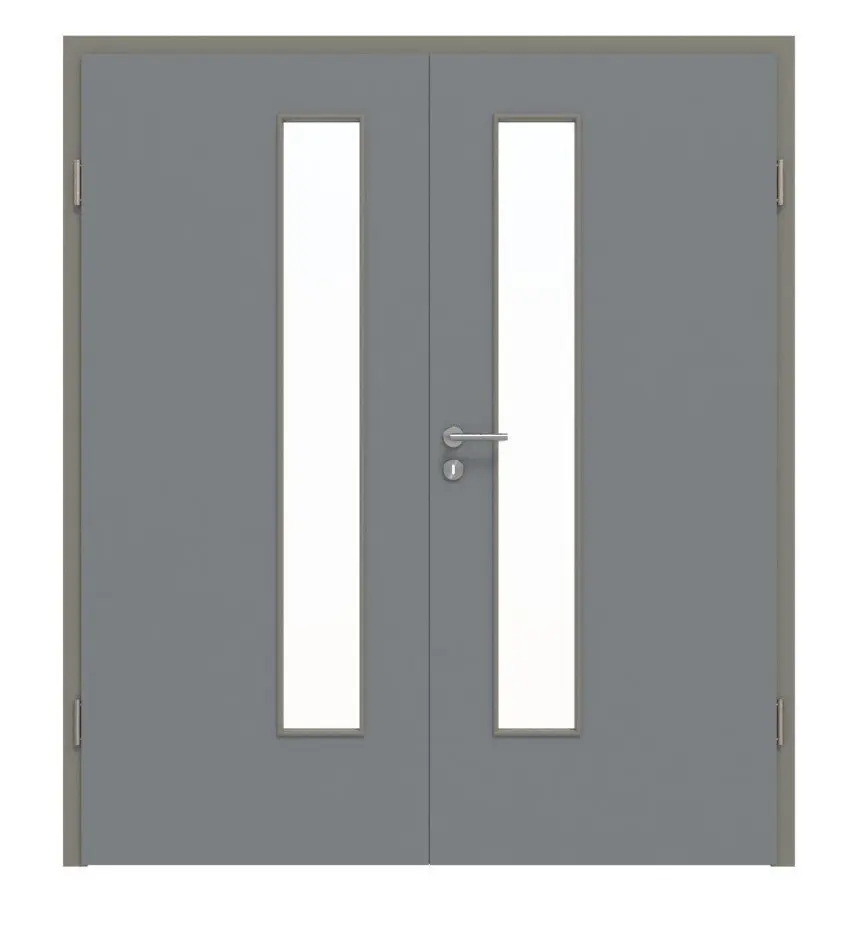 HÖRMANN drzwi dwuskrzydłowe ultramat szary pył Proline Concepto z przeszkleniem LA 24 strona zamka z ościeżnicą