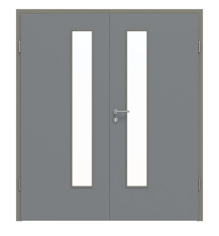 Widok frontowy drzwi dwuskrzydłowych LA 24 od strony zamka ultramatowy Hygge szary Basic z ościeżnicą - Huga