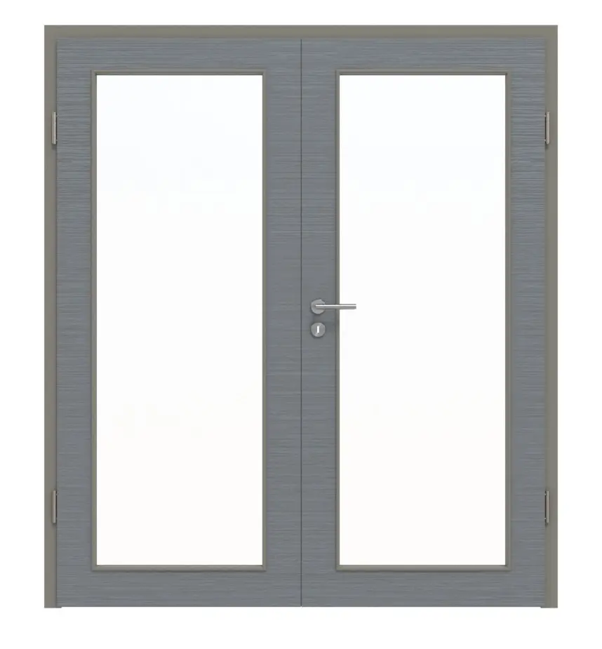 Widok frontowy drzwi dwuskrzydłowych LA 27 strukturyzowana Hygge szary Basic z ościeżnicą - Huga