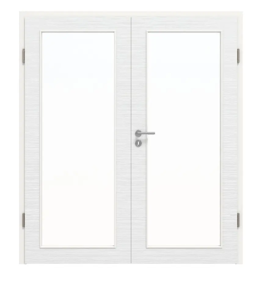 Widok frontowy drzwi dwuskrzydłowych LA 27 biel strukturyzowana Basic z ościeżnicą - Huga
