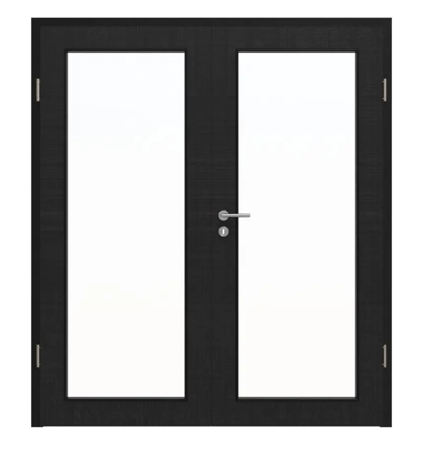 Widok frontowy firmy HÖRMANN drzwi dwuskrzydłowe len czarny Proline Concepto z przeszkleniem LA 27 z ościeżnicą